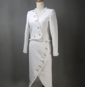 White Asymmetric Skirt Tweed Suit with Big Pearls