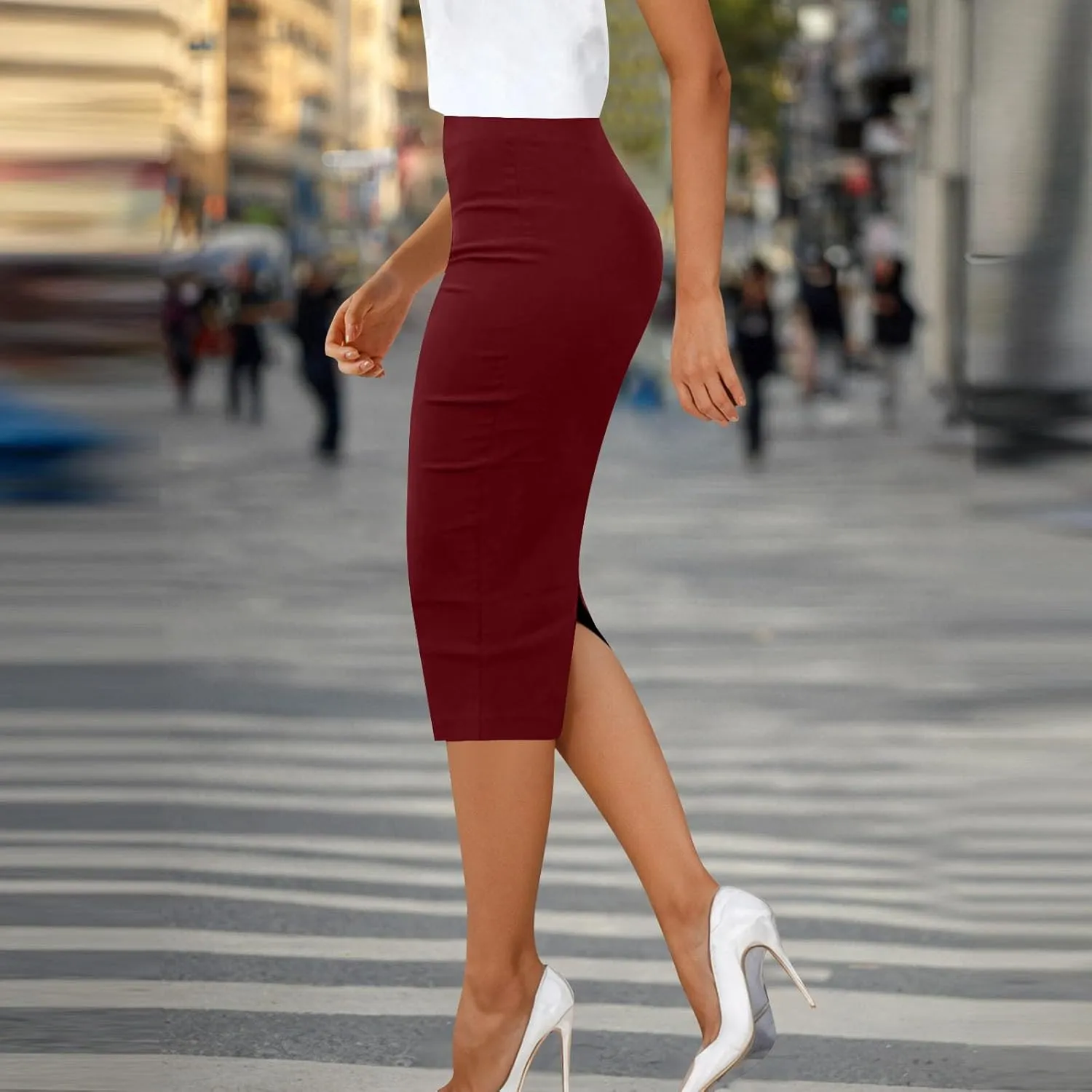 Women Business Casual Pencil Skirts Stretchy High Waist Bodycon Midi Skirt Solid Office Work Skirt with Back Slit