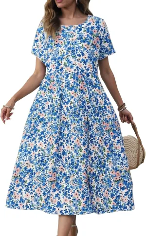 Women Casual Floral Midi Dress Summer Flowy Boho Aline Loose Tiered Ruffle Dresses Beach Sundress with Pockets