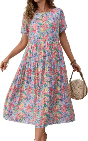 Women Casual Floral Midi Dress Summer Flowy Boho Aline Loose Tiered Ruffle Dresses Beach Sundress with Pockets