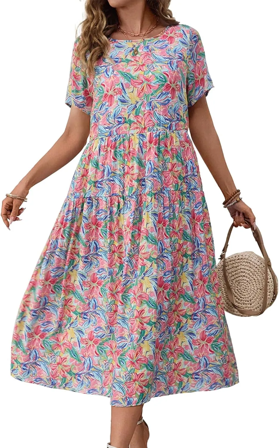 Women Casual Floral Midi Dress Summer Flowy Boho Aline Loose Tiered Ruffle Dresses Beach Sundress with Pockets