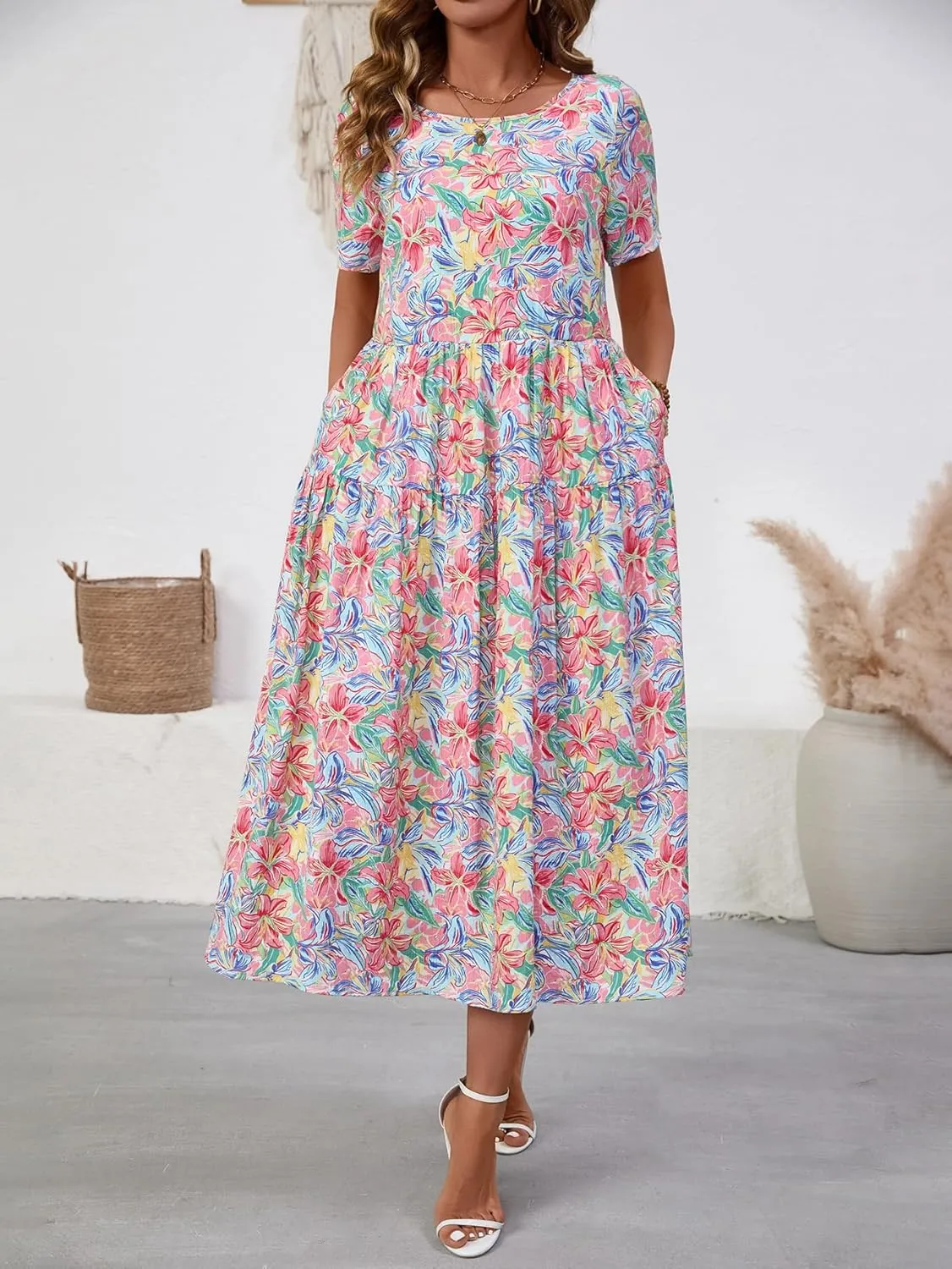 Women Casual Floral Midi Dress Summer Flowy Boho Aline Loose Tiered Ruffle Dresses Beach Sundress with Pockets