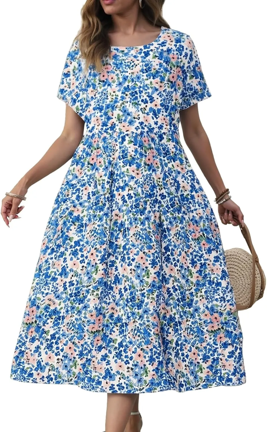 Women Casual Floral Midi Dress Summer Flowy Boho Aline Loose Tiered Ruffle Dresses Beach Sundress with Pockets