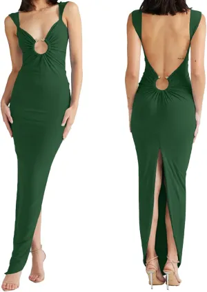Women Sexy Backless Dress V Neck Sleeveless Open Back Split Maxi Dress Party Cocktail Bodycon Long Dress