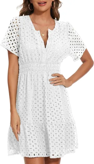 Women Summer Eyelet Lace Dress Casual V Neck Mini A Line Hollow Out Embroidered Formal Dress Sundresses