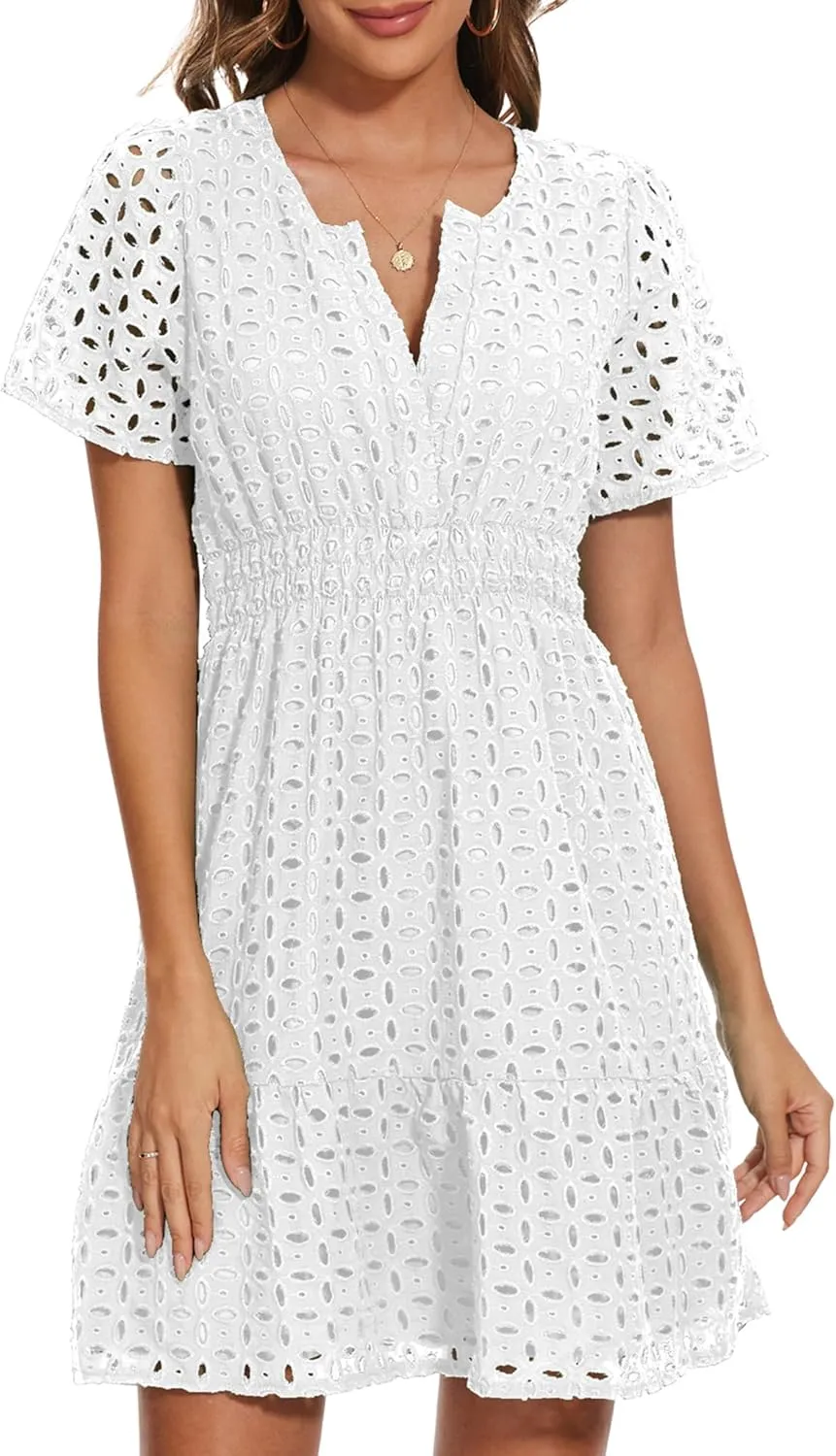 Women Summer Eyelet Lace Dress Casual V Neck Mini A Line Hollow Out Embroidered Formal Dress Sundresses