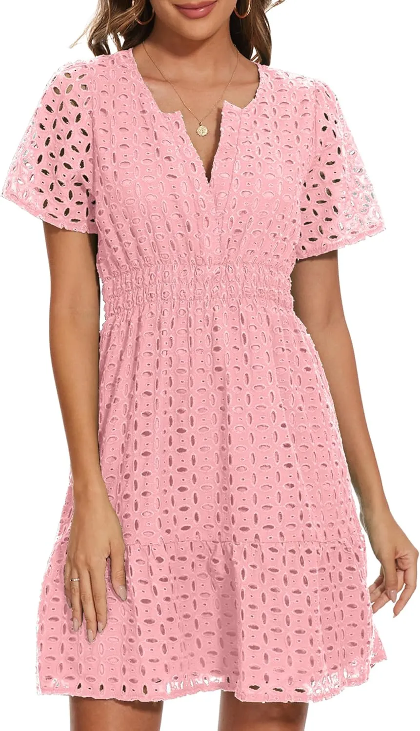 Women Summer Eyelet Lace Dress Casual V Neck Mini A Line Hollow Out Embroidered Formal Dress Sundresses
