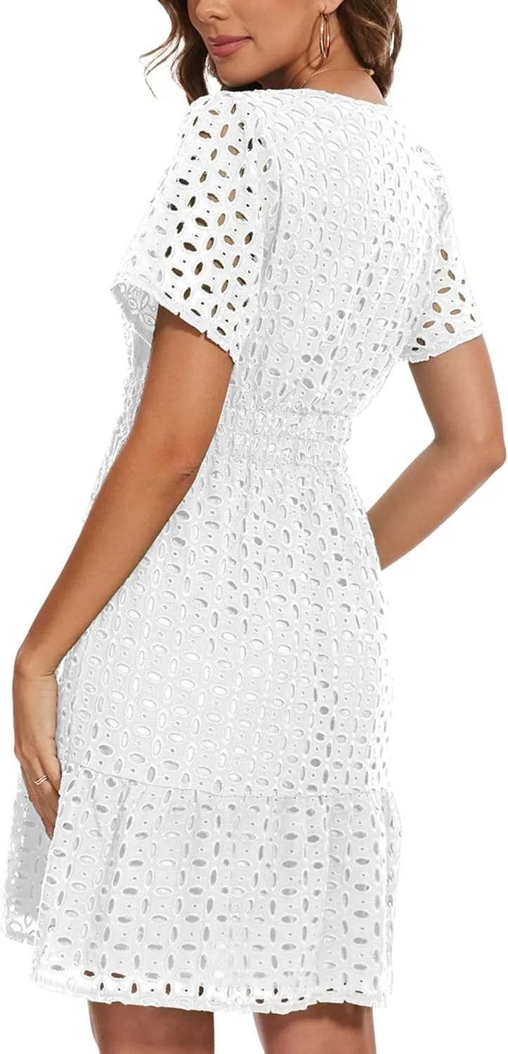 Women Summer Eyelet Lace Dress Casual V Neck Mini A Line Hollow Out Embroidered Formal Dress Sundresses