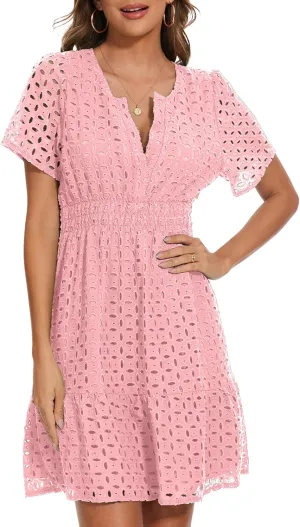 Women Summer Eyelet Lace Dress Casual V Neck Mini A Line Hollow Out Embroidered Formal Dress Sundresses