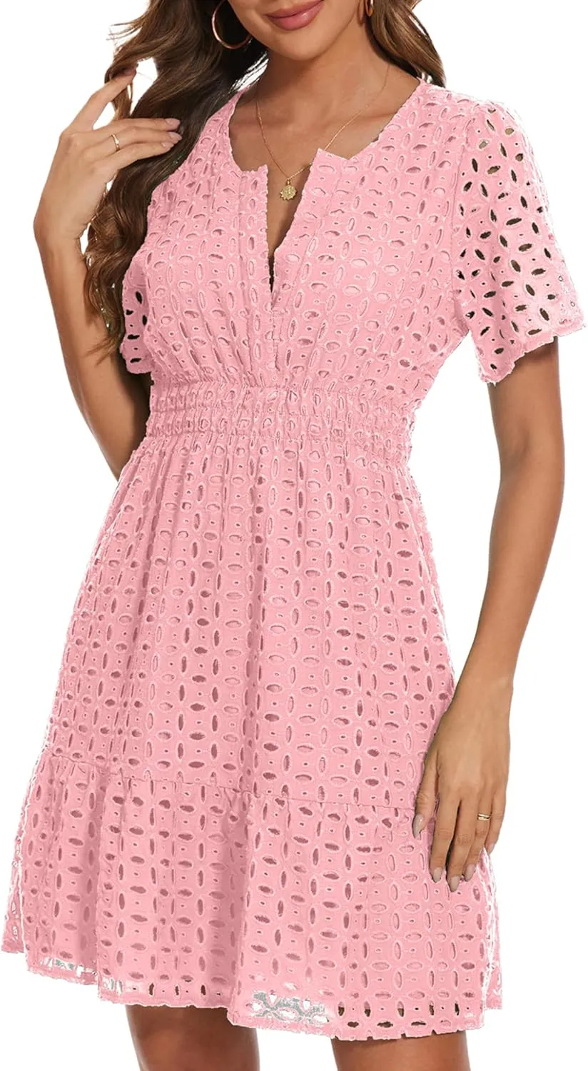 Women Summer Eyelet Lace Dress Casual V Neck Mini A Line Hollow Out Embroidered Formal Dress Sundresses