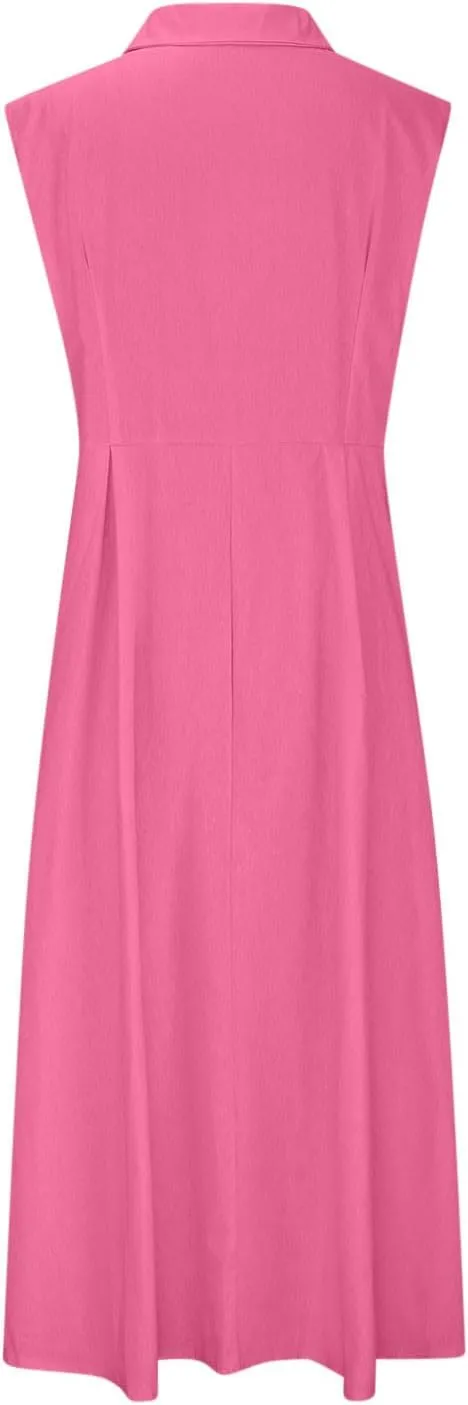 Womens Cotton Linen Button Down Shirt Dress Sleeveless Business Casual Collared Work Dresses Summer Clothes Outfits