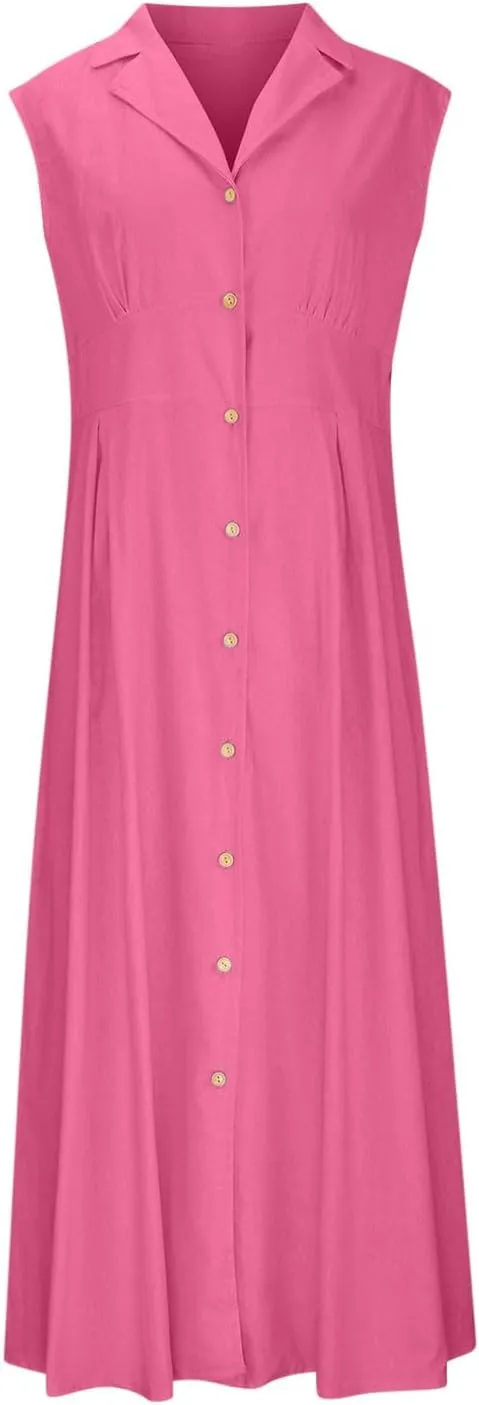Womens Cotton Linen Button Down Shirt Dress Sleeveless Business Casual Collared Work Dresses Summer Clothes Outfits
