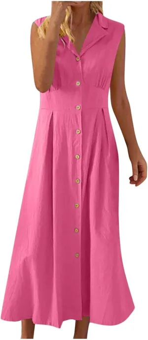 Womens Cotton Linen Button Down Shirt Dress Sleeveless Business Casual Collared Work Dresses Summer Clothes Outfits