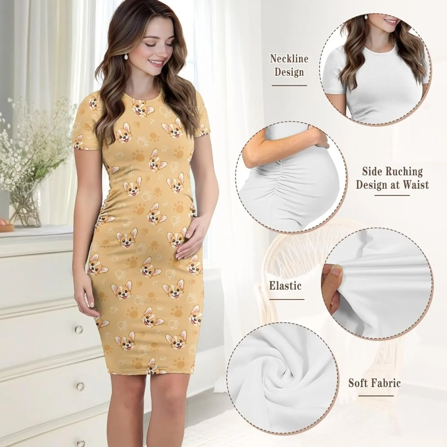Women's Maternity Pregnancy Dress Casual Ruched Maternity Dress Stretch Slim Fit Lounge Pregnancy Dress