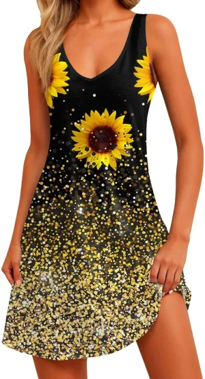 Womens Summer Dresses 2025 Vacation Swimsuit Coverup Printed Casual Sundress V Neck Sleeveless Dress with Pocket