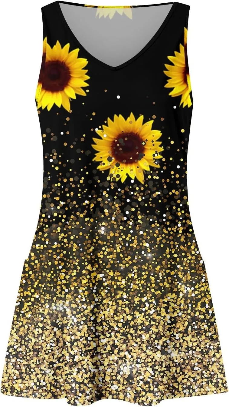 Womens Summer Dresses 2025 Vacation Swimsuit Coverup Printed Casual Sundress V Neck Sleeveless Dress with Pocket
