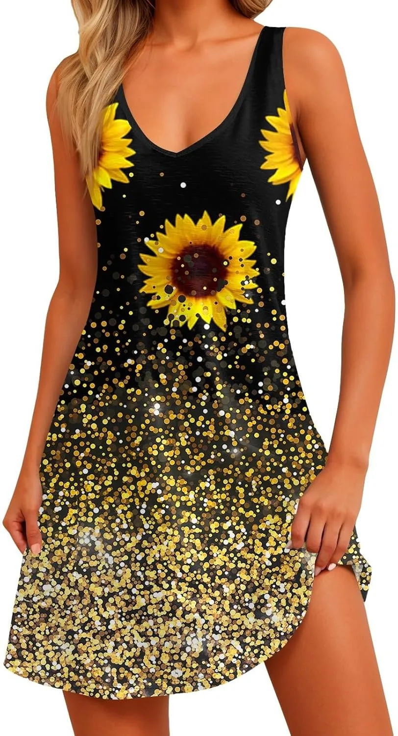 Womens Summer Dresses 2025 Vacation Swimsuit Coverup Printed Casual Sundress V Neck Sleeveless Dress with Pocket