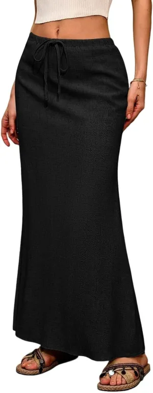 Womens Summer Maxi Skirt Drawstring High Elastic Waist Skirts Linen Flared Skirt Slim Fitted Going Out Casual Midi Skirts