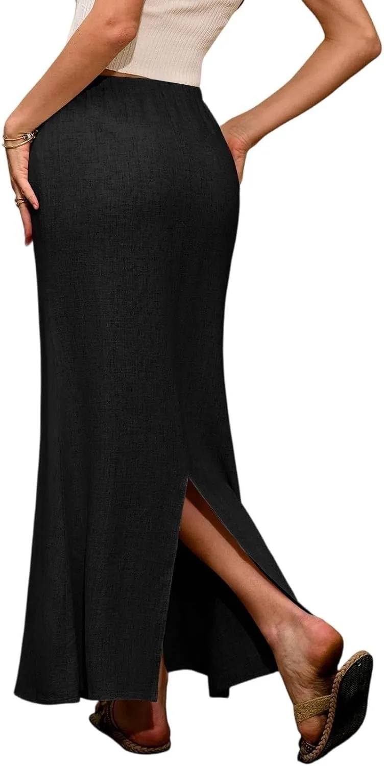 Womens Summer Maxi Skirt Drawstring High Elastic Waist Skirts Linen Flared Skirt Slim Fitted Going Out Casual Midi Skirts
