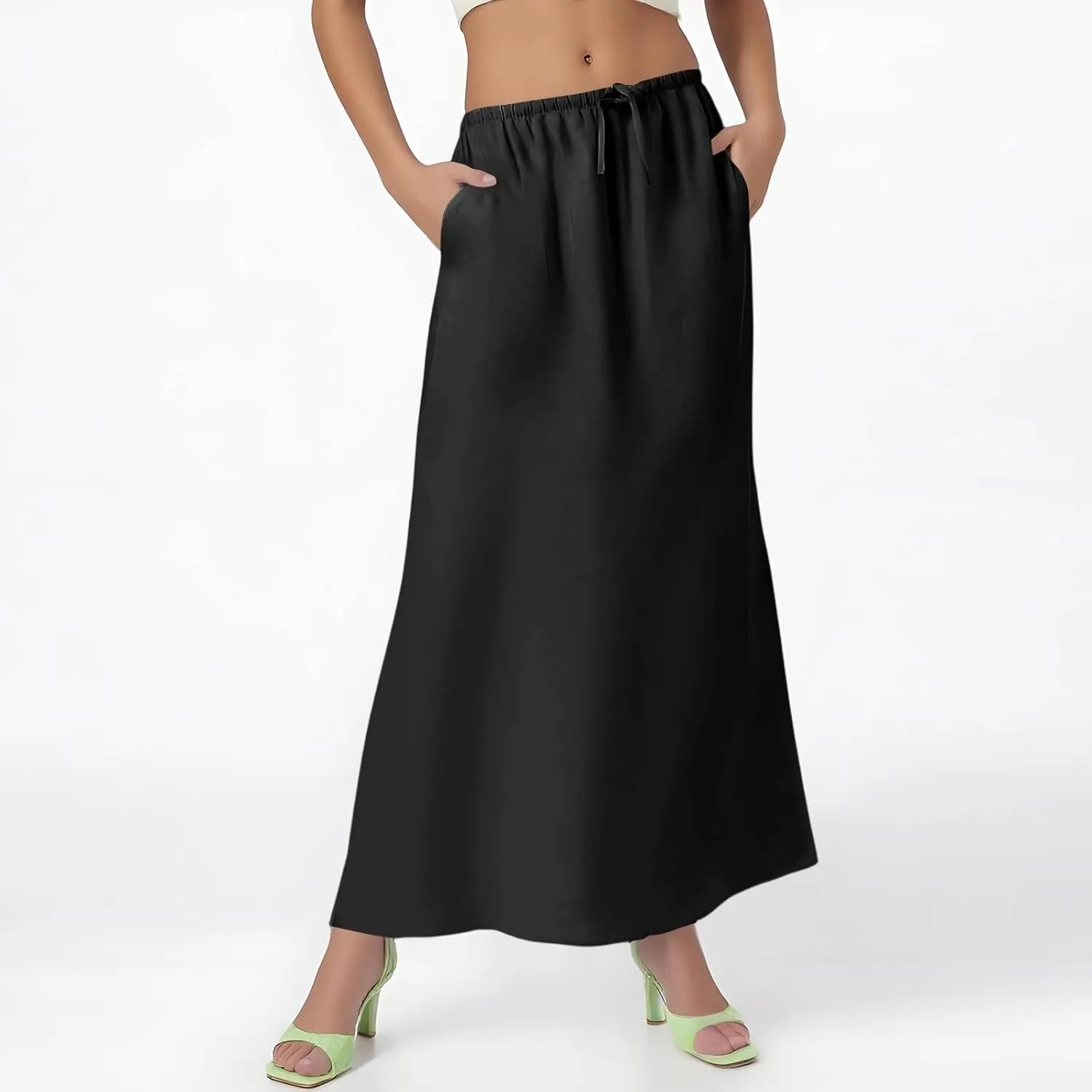 Womens Summer Maxi Skirt Drawstring High Elastic Waist Skirts Linen Flared Skirt Slim Fitted Going Out Casual Midi Skirts