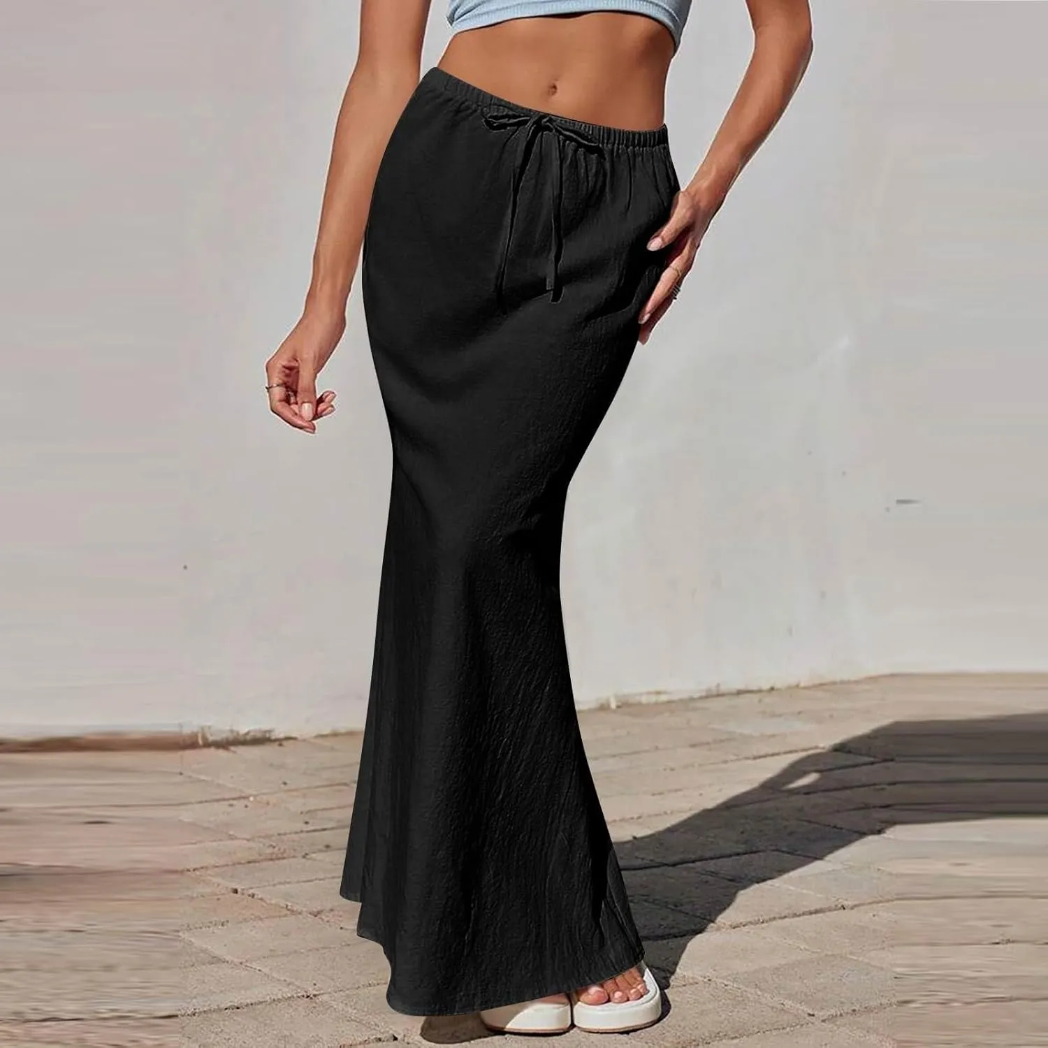 Womens Summer Maxi Skirt Drawstring High Elastic Waist Skirts Linen Flared Skirt Slim Fitted Going Out Casual Midi Skirts