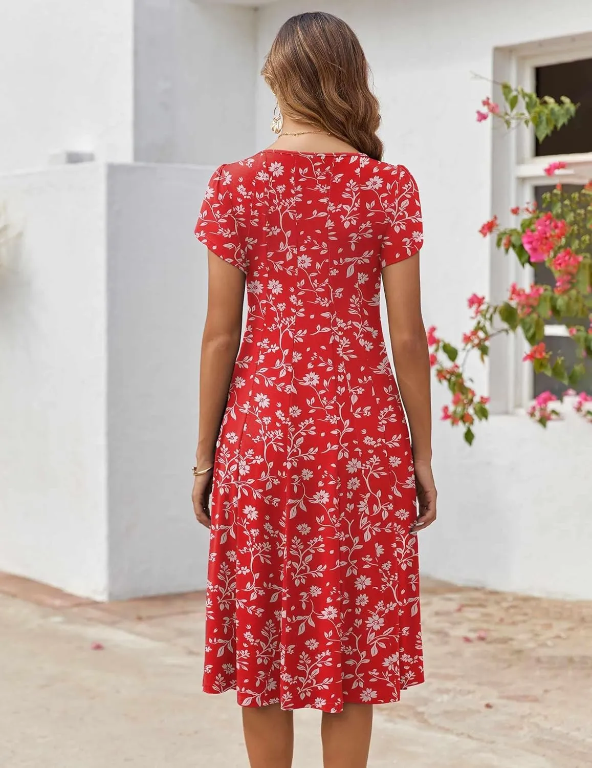 Zeagoo Womens Casual Dress for Summer Short Sleeve Pleated Dress Loose Flowy Beach Dress with Pockets Flare Midi Sundress