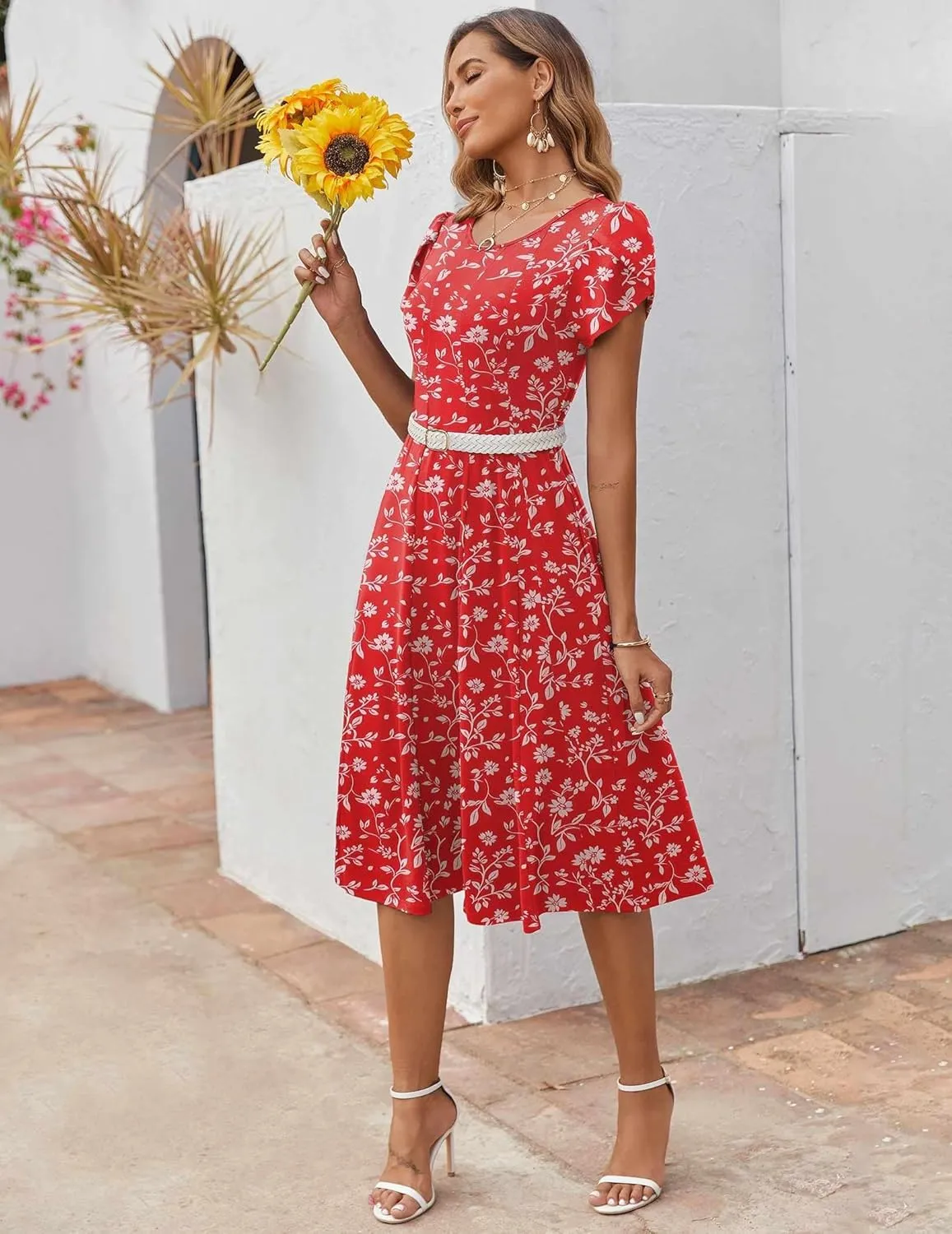 Zeagoo Womens Casual Dress for Summer Short Sleeve Pleated Dress Loose Flowy Beach Dress with Pockets Flare Midi Sundress