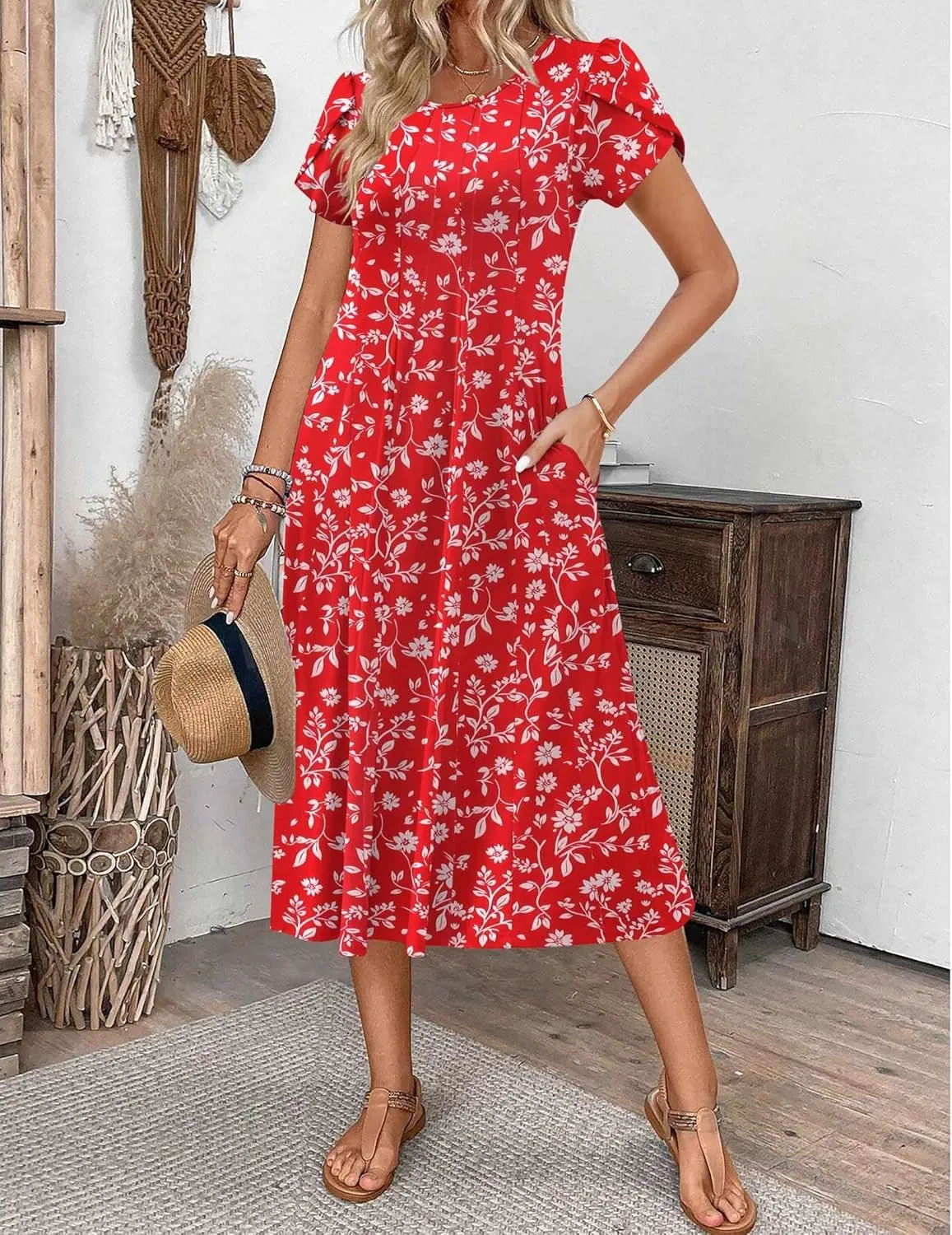 Zeagoo Womens Casual Dress for Summer Short Sleeve Pleated Dress Loose Flowy Beach Dress with Pockets Flare Midi Sundress