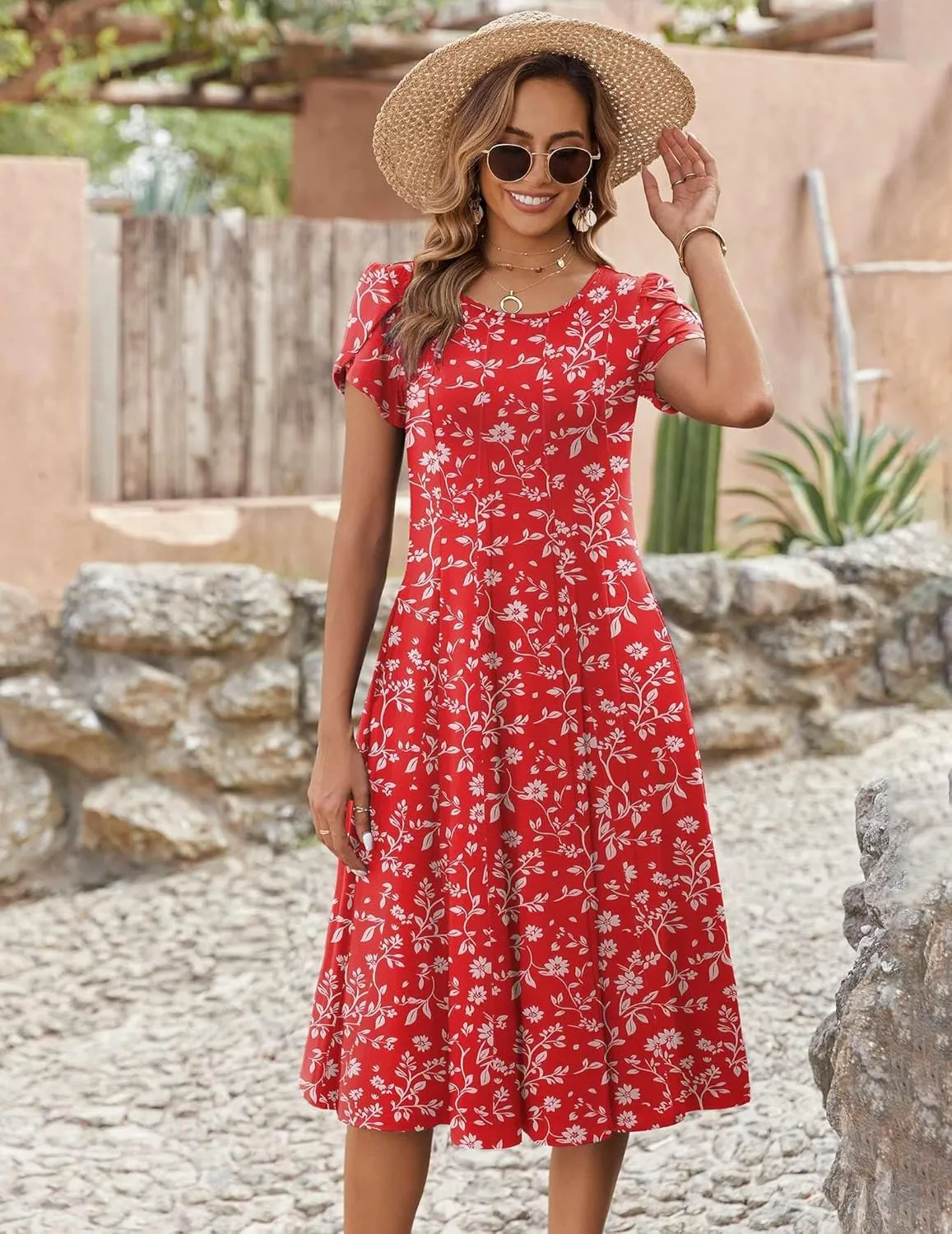 Zeagoo Womens Casual Dress for Summer Short Sleeve Pleated Dress Loose Flowy Beach Dress with Pockets Flare Midi Sundress