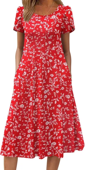 Zeagoo Womens Casual Dress for Summer Short Sleeve Pleated Dress Loose Flowy Beach Dress with Pockets Flare Midi Sundress