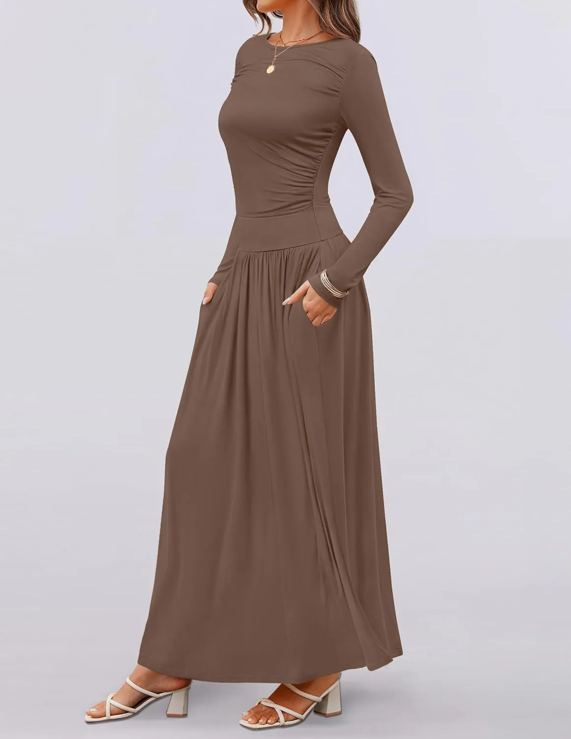 ZESICA Women's Long Sleeve Spring Maxi Dress 2025 Crewneck Knit Casual Slim Swing Pleated Dresses with Pockets