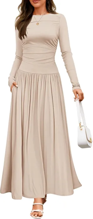 ZESICA Women's Long Sleeve Spring Maxi Dress 2025 Crewneck Knit Casual Slim Swing Pleated Dresses with Pockets