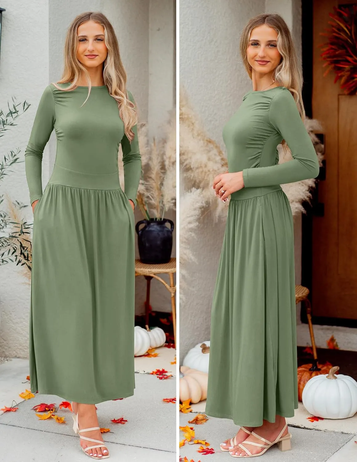 ZESICA Women's Long Sleeve Spring Maxi Dress 2025 Crewneck Knit Casual Slim Swing Pleated Dresses with Pockets