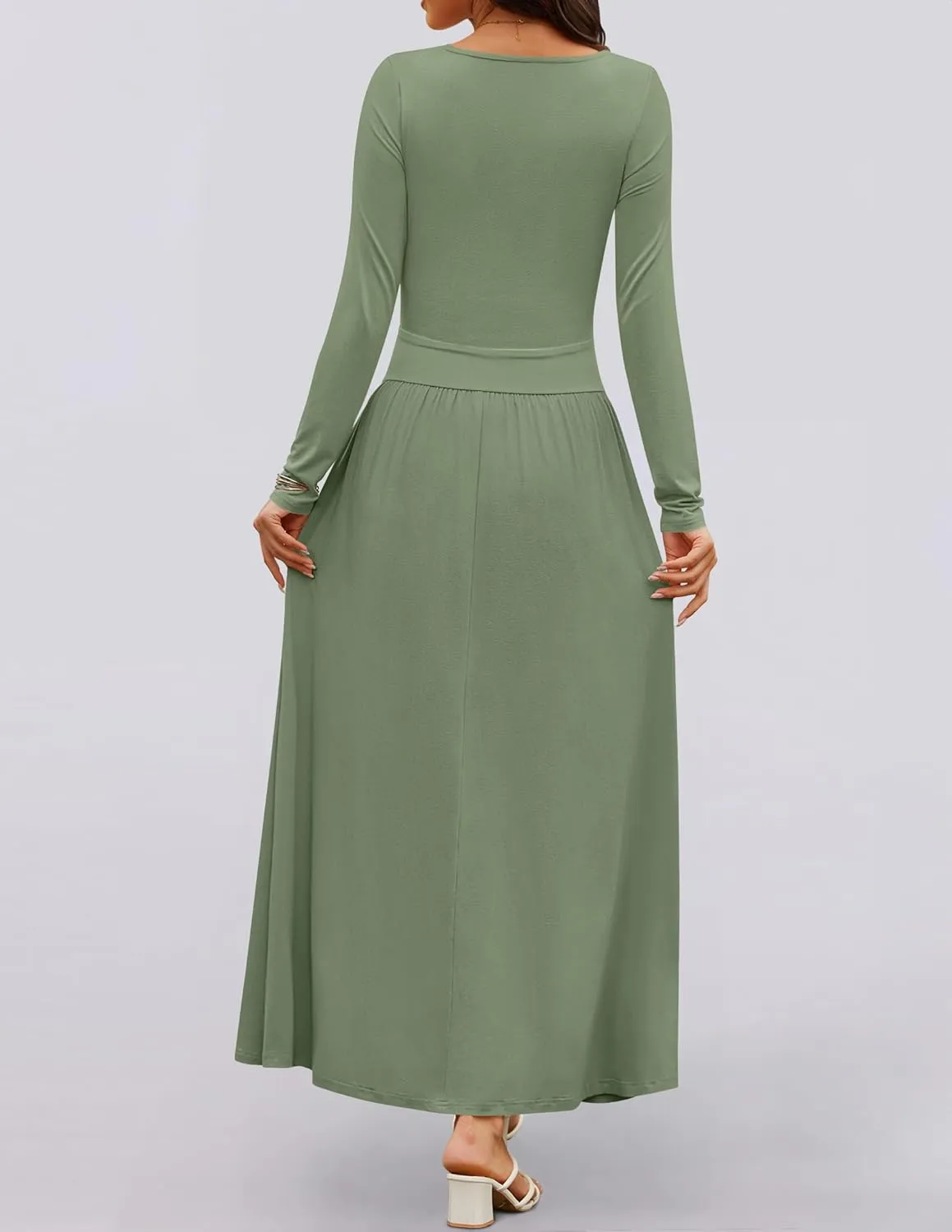 ZESICA Women's Long Sleeve Spring Maxi Dress 2025 Crewneck Knit Casual Slim Swing Pleated Dresses with Pockets