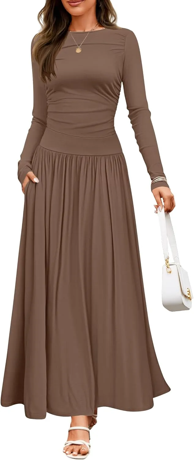 ZESICA Women's Long Sleeve Spring Maxi Dress 2025 Crewneck Knit Casual Slim Swing Pleated Dresses with Pockets