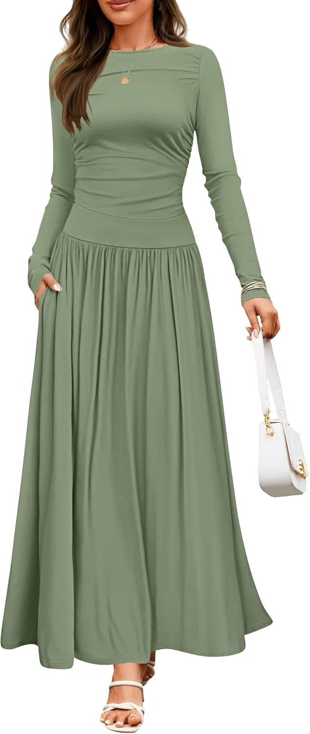 ZESICA Women's Long Sleeve Spring Maxi Dress 2025 Crewneck Knit Casual Slim Swing Pleated Dresses with Pockets