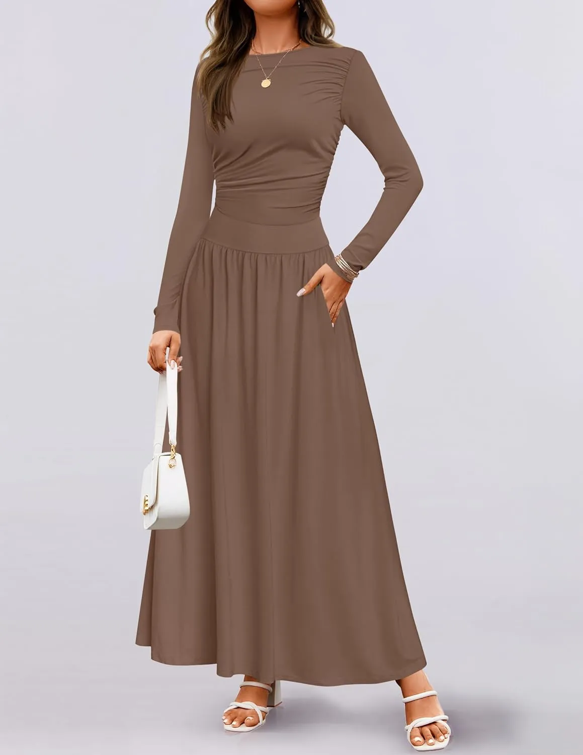 ZESICA Women's Long Sleeve Spring Maxi Dress 2025 Crewneck Knit Casual Slim Swing Pleated Dresses with Pockets