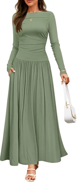 ZESICA Women's Long Sleeve Spring Maxi Dress 2025 Crewneck Knit Casual Slim Swing Pleated Dresses with Pockets