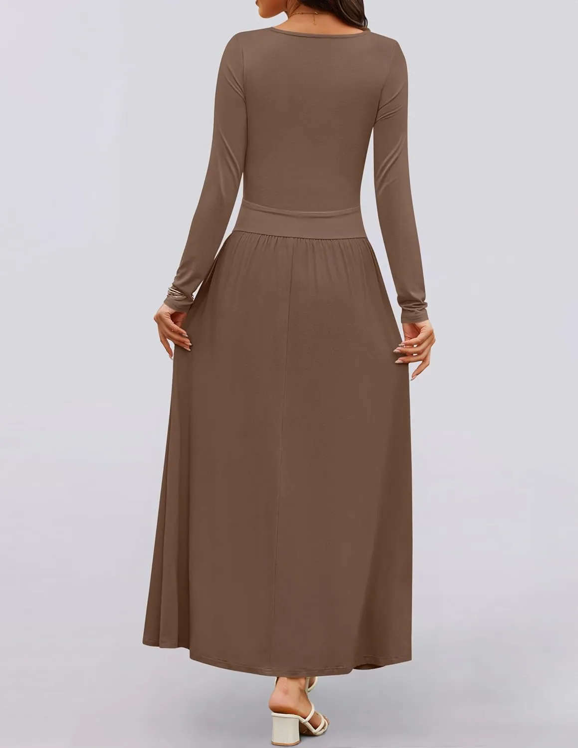 ZESICA Women's Long Sleeve Spring Maxi Dress 2025 Crewneck Knit Casual Slim Swing Pleated Dresses with Pockets