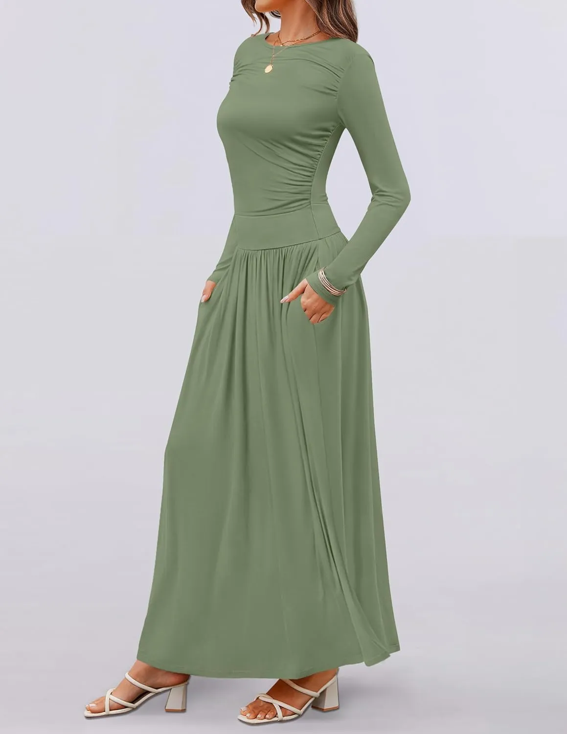 ZESICA Women's Long Sleeve Spring Maxi Dress 2025 Crewneck Knit Casual Slim Swing Pleated Dresses with Pockets
