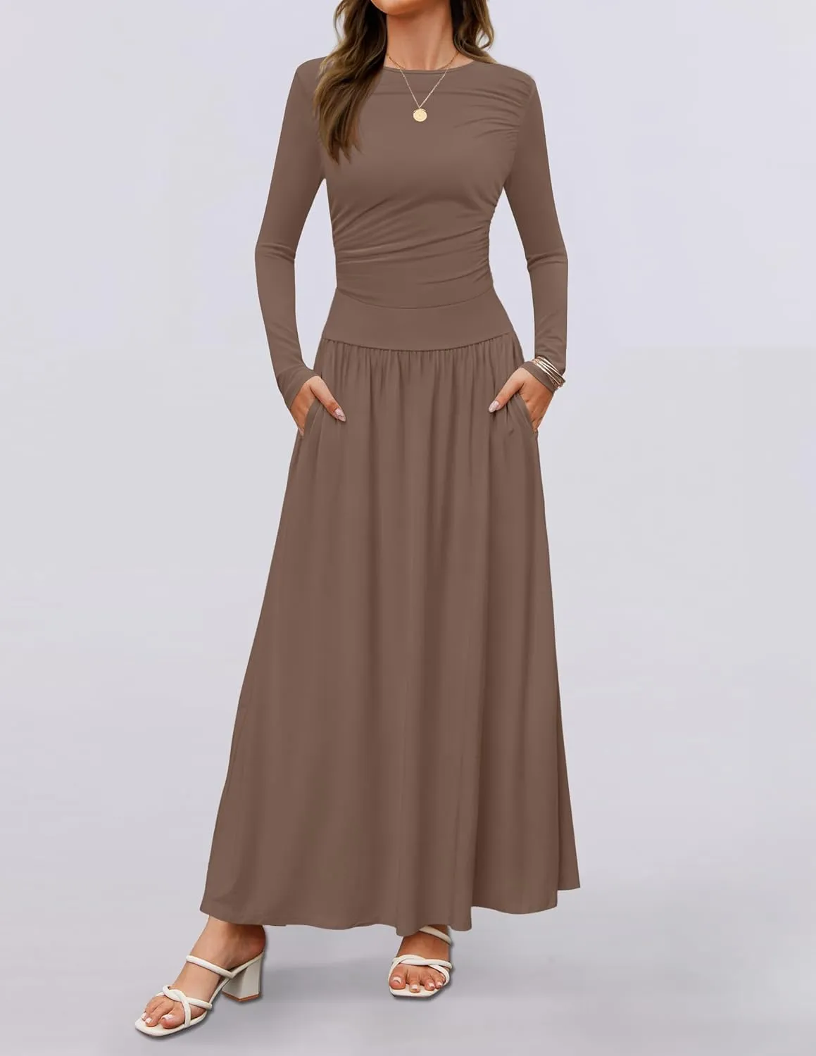 ZESICA Women's Long Sleeve Spring Maxi Dress 2025 Crewneck Knit Casual Slim Swing Pleated Dresses with Pockets