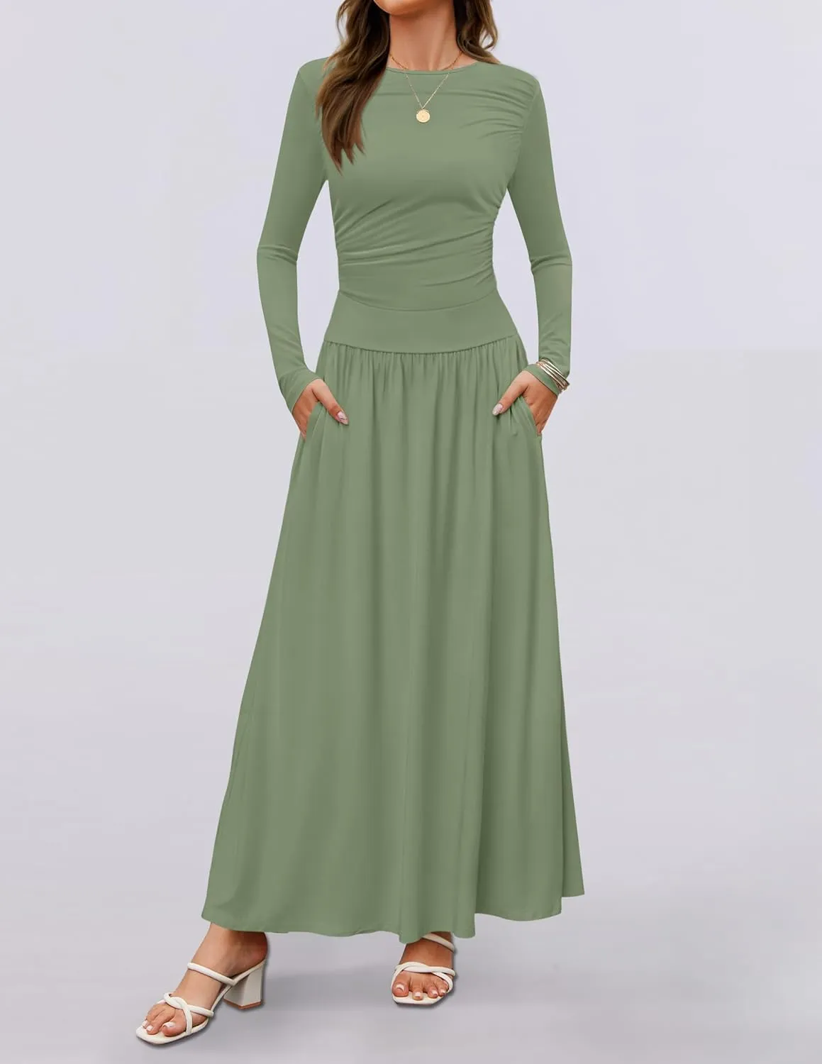 ZESICA Women's Long Sleeve Spring Maxi Dress 2025 Crewneck Knit Casual Slim Swing Pleated Dresses with Pockets