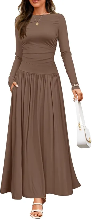 ZESICA Women's Long Sleeve Spring Maxi Dress 2025 Crewneck Knit Casual Slim Swing Pleated Dresses with Pockets