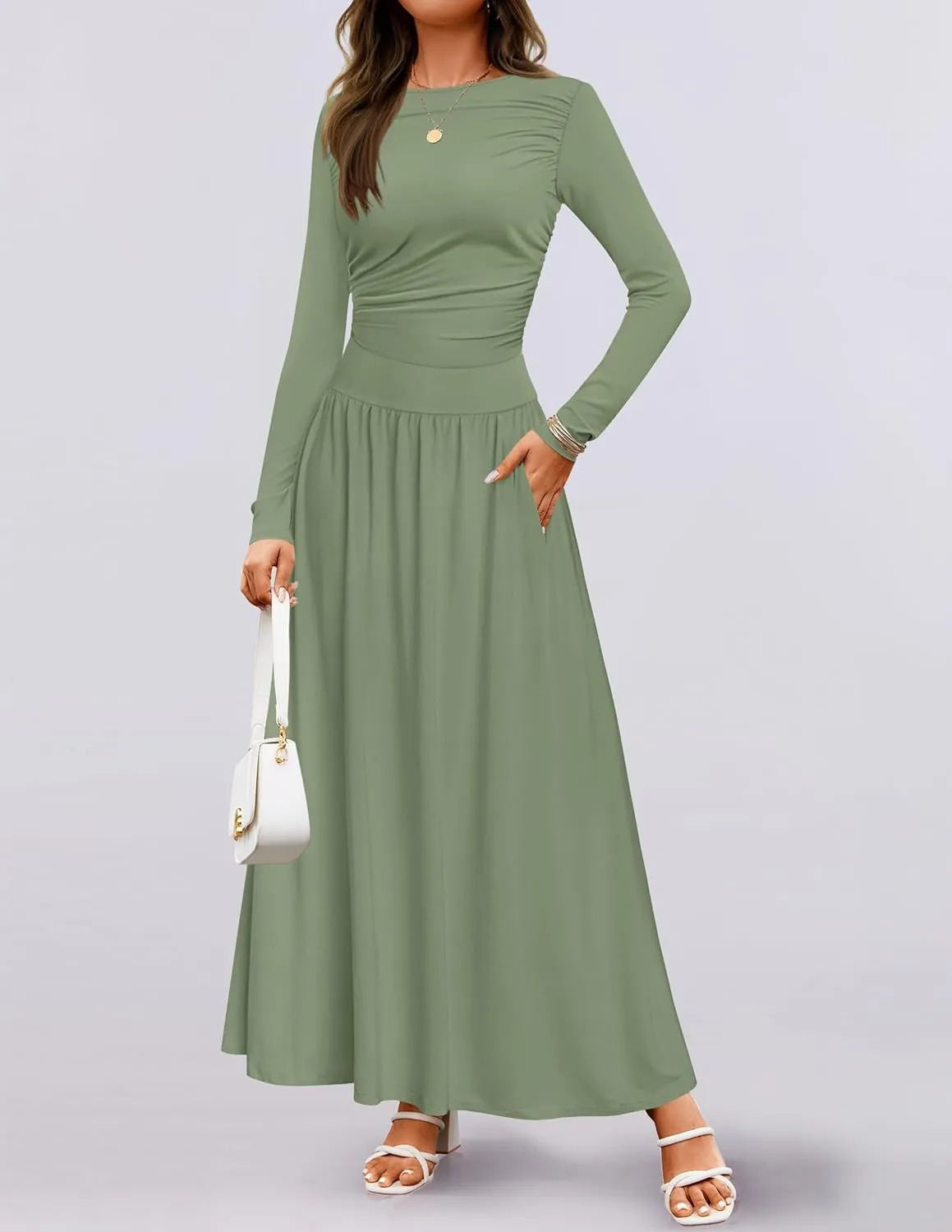 ZESICA Women's Long Sleeve Spring Maxi Dress 2025 Crewneck Knit Casual Slim Swing Pleated Dresses with Pockets