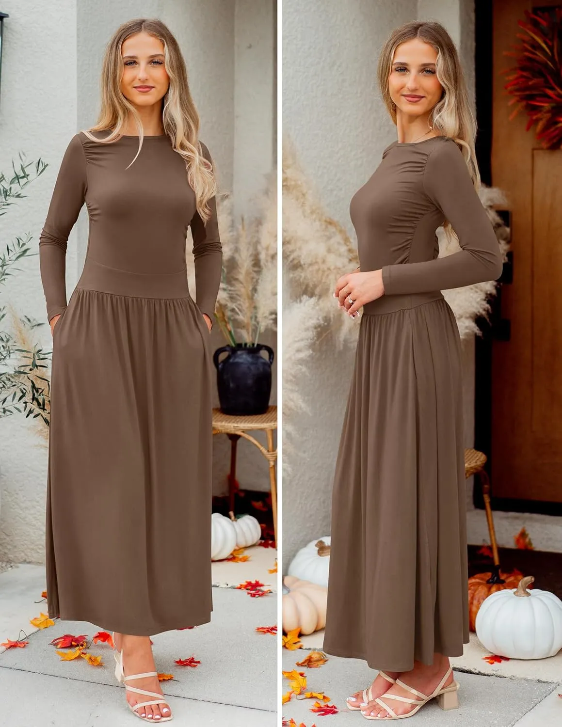ZESICA Women's Long Sleeve Spring Maxi Dress 2025 Crewneck Knit Casual Slim Swing Pleated Dresses with Pockets